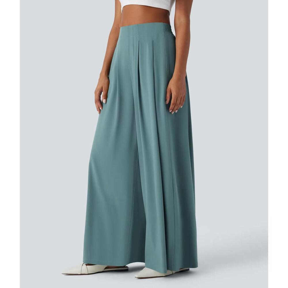 NWT Halara Breezeful High Waist Shirred Flowy Palazzo Casual Pants Stone Blue, M - Picture 8 of 13